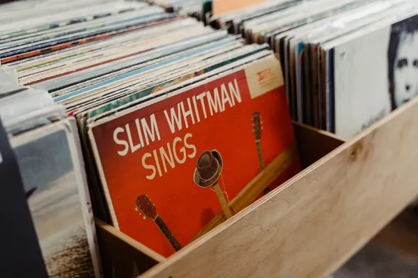 Collection de vinyles rangés verticalement sur des étagères en bois